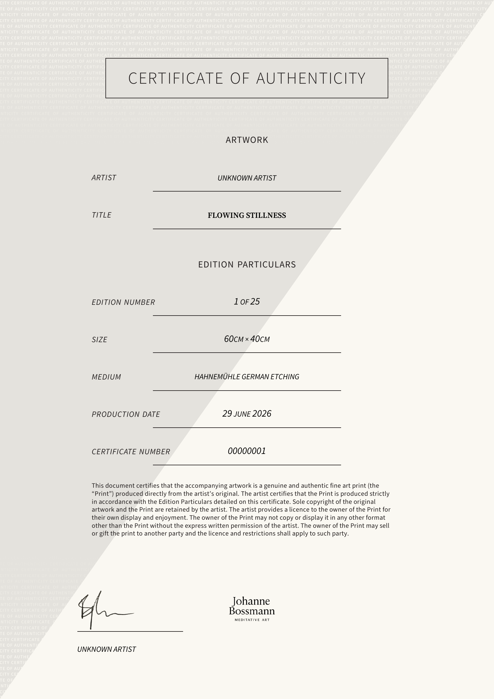 Flowing Stillness — Certificate of Authenticity