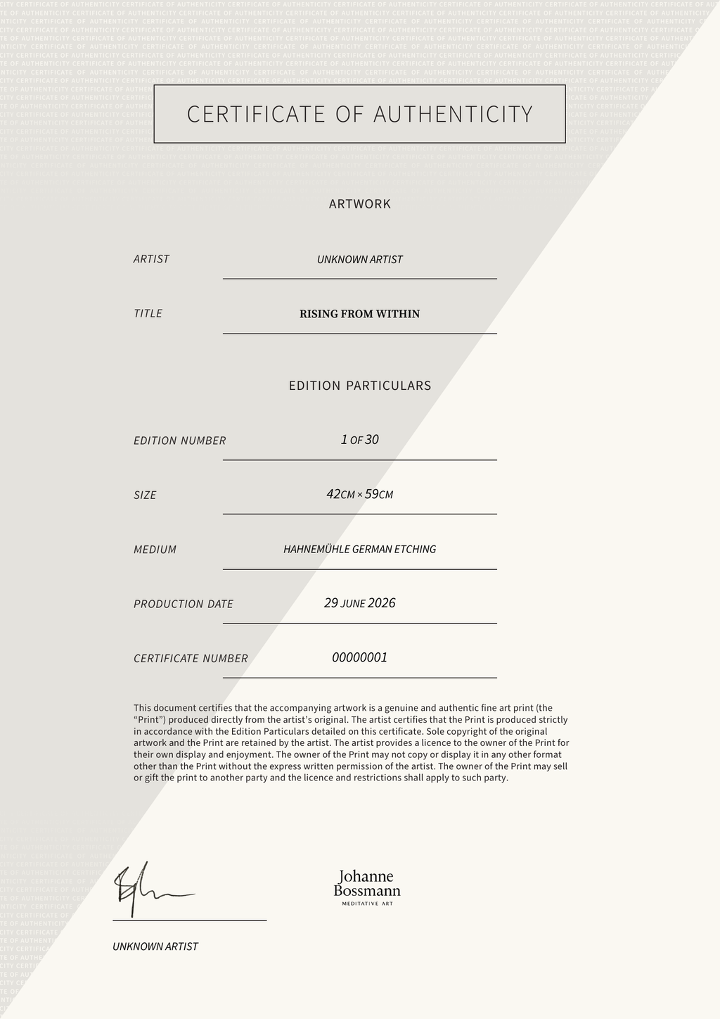 Rising From Within — Certificate of Authenticity
